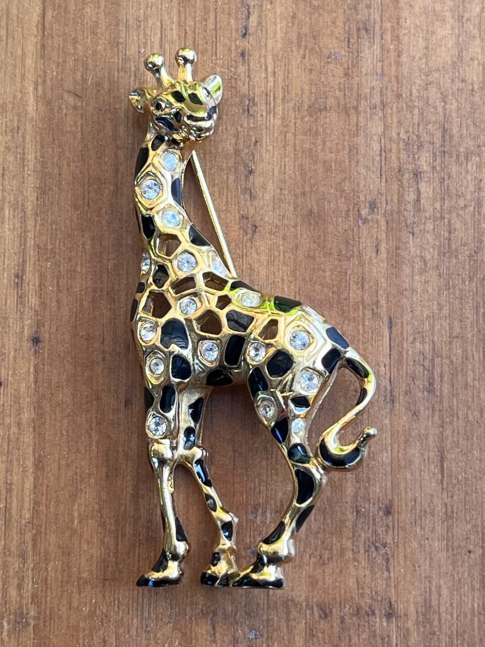 Swarovski Vintage Gold-tone Giraffe Brooch with Black Enamel & Clear Crystals